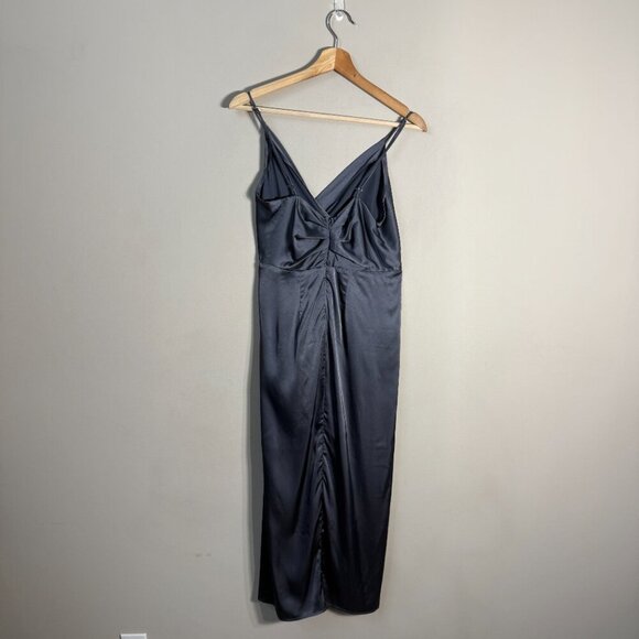 ASTR The Label Twist Front Satin Midi Dress Women's Small Slate Blue Slit NWT - Picture 6 of 16